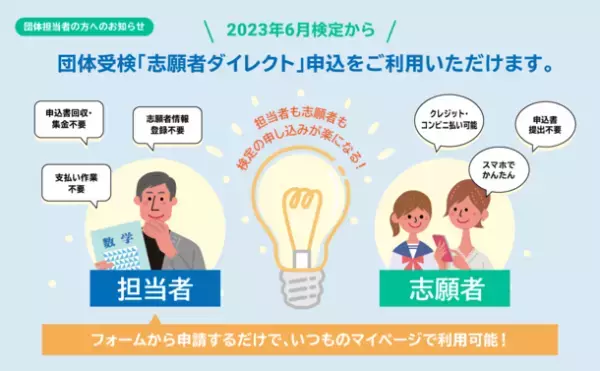 【2023年6月検定から利用可能】「数検」の団体受検申し込みの作業負担が大幅に軽減される　志願者がWEB上で直接申し込みや支払いを行う「志願者ダイレクト」申込を新たに追加