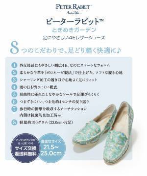 ＜ピーターラビットTMときめきガーデン＞足にやさしい4Eレザーシューズ新発売！英国・湖水地方の春の風景をイメージしたシューズです。