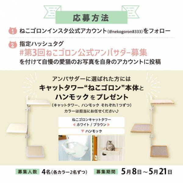 窓枠に付けるキャットタワー！Instagramにて『ねこゴロン』第3回公式アンバサダーを5月8日から5月21日まで募集