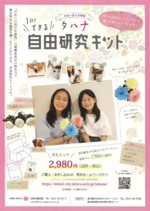 満開に咲かせたキクと、トリイが販売する切り花染色剤「フラワーパレット(R)」が合体した、「1日でできる自由研究キット」が日本一の花の生産地田原市の花の定期便タハナより発売