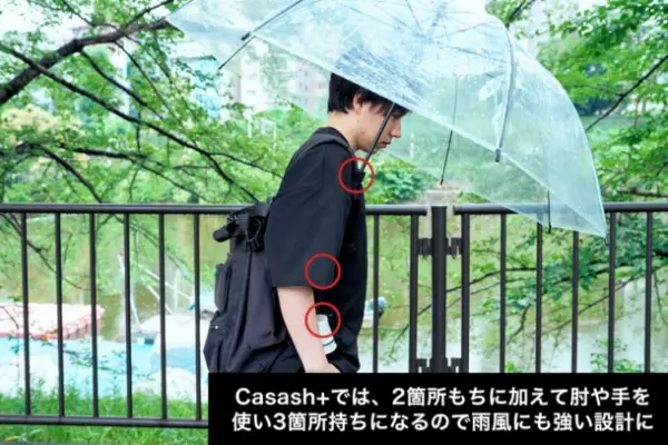 傘の日の両手を自由に！リュックやランドセルに取付可能な「傘ホルダーCasash+」Makuakeにて先行販売開始　自転車のときも傘ホルダーとして使える便利グッズ