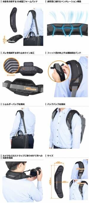 お手持ちのカメラバッグやビジネスバッグに装着し肩への負担を軽減する「3Dフォームショルダーパッド」を新発売！