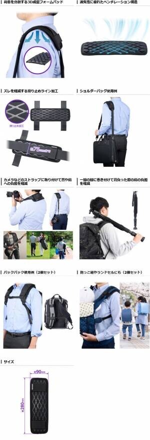 お手持ちのカメラバッグやビジネスバッグに装着し肩への負担を軽減する「3Dクッションパッド」を新発売！