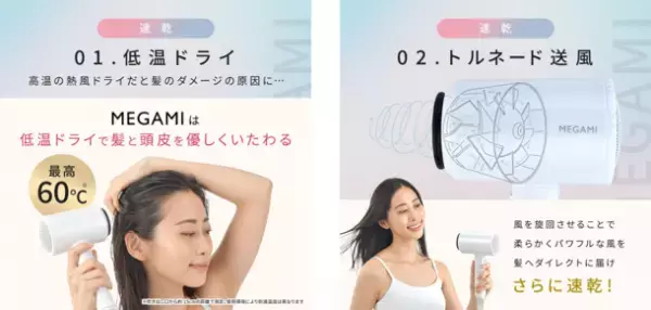 低温なのに「超速乾＆美髪」を実現！美容業界で注目の“育成光線”テラヘルツ波を搭載、トリプル遠赤外線ドライヤー『MEGAMI』発売！！