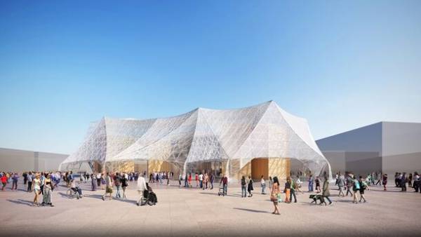 大阪・関西万博 大阪ヘルスケアパビリオンバックヤード棟」に「OSAKA」の形に並べた“おもろい”太陽光発電システムを設置