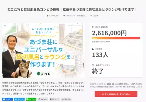 看板猫ランキング1位の“ねこ女将”が引退宣言　山形県「松伯亭あづま荘」が旧館大改装に向けクラウドファンディングを4月1日スタート