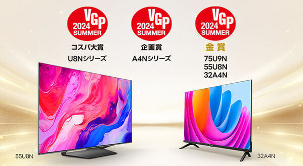ハイセンスジャパン、VGP2024SUMMERで4K液晶テレビU8Nシリーズが特別賞「コスパ大賞」とA4Nシリーズが「企画賞」と部門賞「金賞」を3部門で受賞