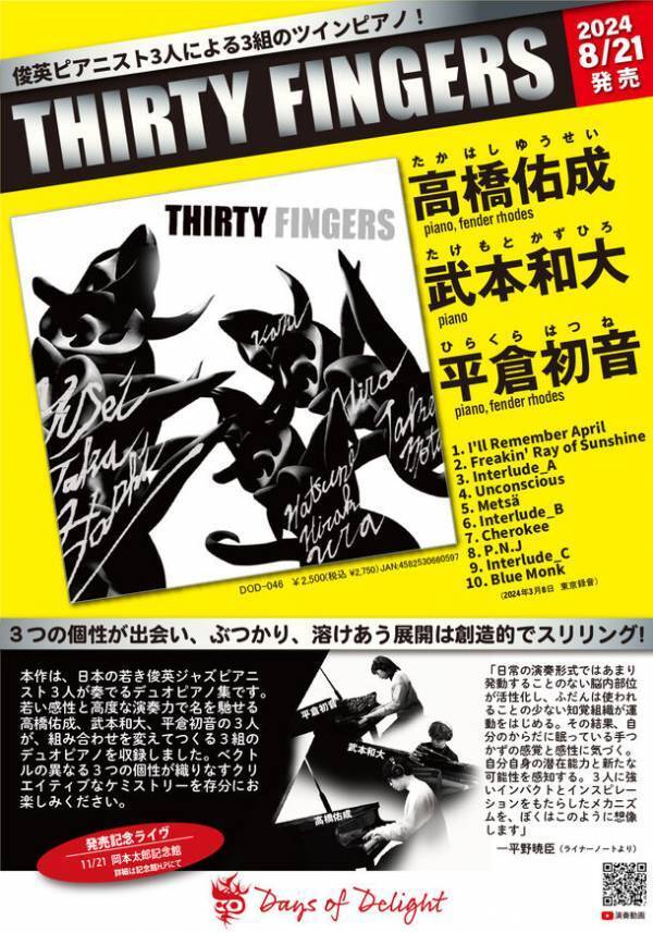 20代の俊英ジャズピアニスト3人が奏でるツインピアノの世界　3組のデュオを収録した『Thirty Fingers』を8月21日に発売
