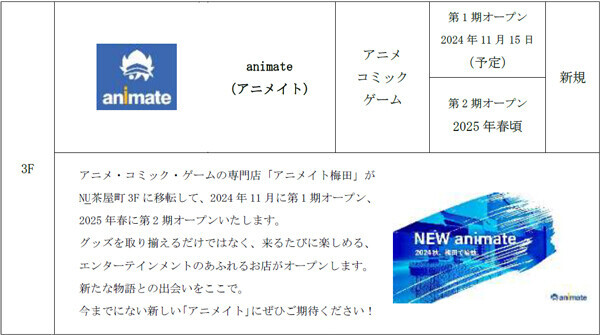 「NU茶屋町（※1）」2024年夏から2025年秋にかけて順次リニューアル～「アニメイト梅田」をはじめ、新店舗が続々オープン～