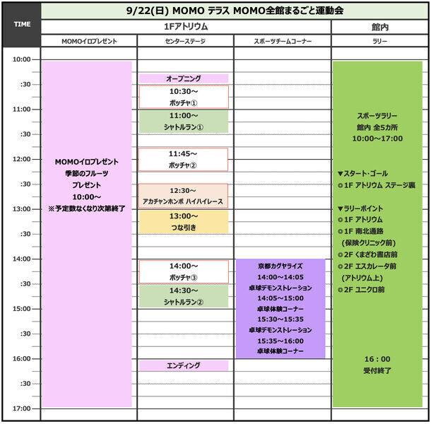 京都伏見区桃山町の『MOMOテラス』で「MOMO全館まるごと運動会」を9/21・22に開催