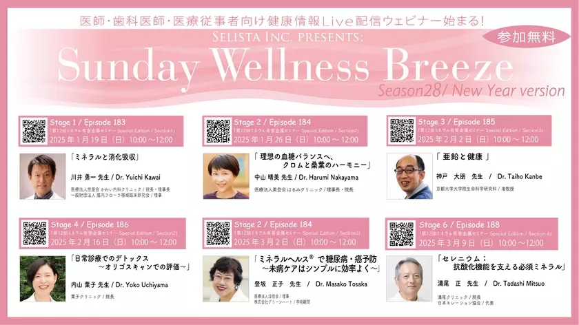 Selista Inc. Presents.『Sunday Wellness Breeze』Season 28 New Year version　第12回ミネラル・有害金属セミナー Special Edition　全6 Stage 2025年1月19日(日)～3月9日(日)の日曜日の朝に開催