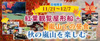 お一人様5,300円-から【11/21・22・23・24・29・30・12/1・2・6・7出発】【京都・嵐山】秋の嵐山を楽しむ 紅葉観覧屋形船＋嵐山で昼食