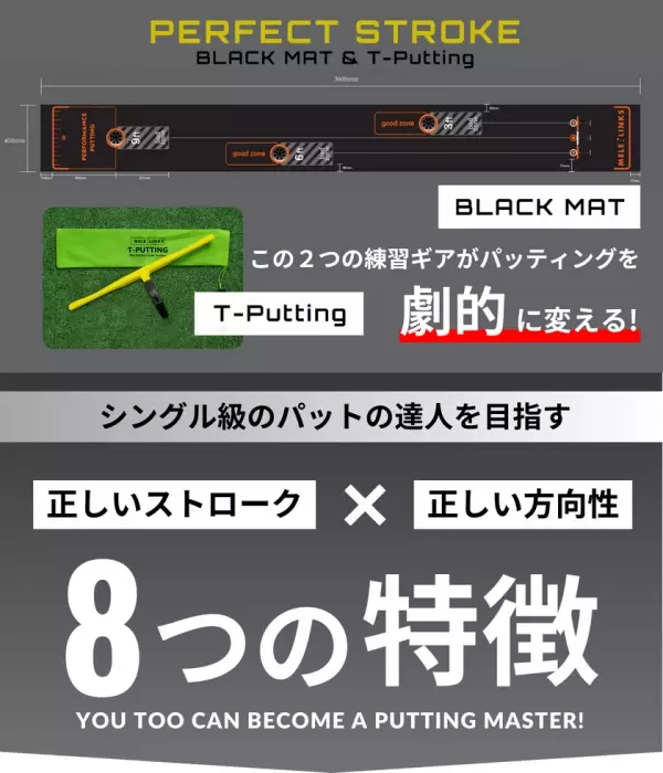 3週間で予約購入500人突破！カップイン率が劇的にUPする究極のパターマットセット「PERFECT STROKE BLACKMAT &amp; T-Putting」販売開始！