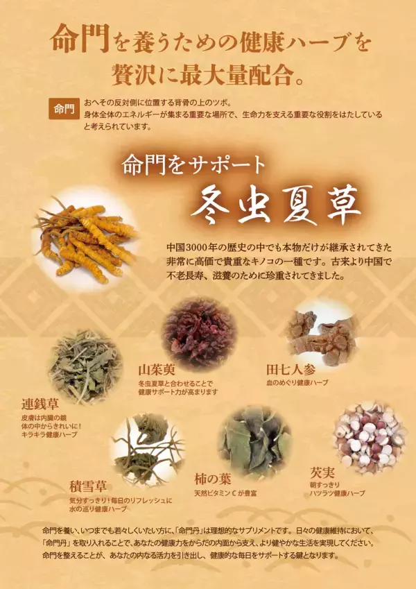 腎臓の健康を守るための活動(腎活)が注目！“腎”を養う新サプリ「命門丹」の商品情報ページを公開　初めての方へ“5日分お試しセット”も販売開始