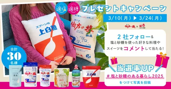 「伯方の塩」と「スプーン印・ばら印のお砂糖」がふかふかクッションに！Instagramでプレゼントキャンペーンを開催　砂糖の日、3月10日(月)からスタート！