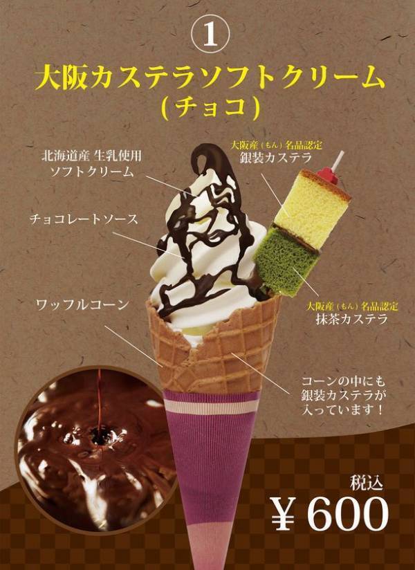 「天下の台所・大阪」の「美味しい」を心斎橋から世界へ！老舗のカステラ屋カステラ銀装で4月1日(火)より「大阪カステラソフト」と「大阪抹茶カステラパフェ」を販売