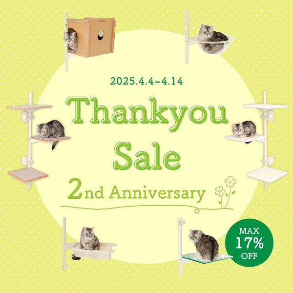 窓枠取り付け型キャットタワー「ねこゴロン」を販売するユニークライフ公式ショップは2周年！感謝セールを4月4日から開催！