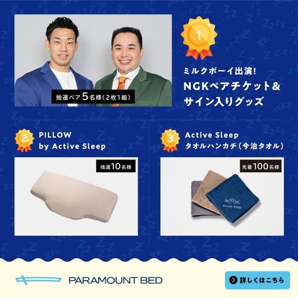 4月18日、「パラマウントベッド 眠りギャラリーKITTE大阪店」がオープン！お笑いコンビ「ミルクボーイ」出演公演チケットや「Active Sleep」グッズが当たるオープン記念キャンペーンを実施！