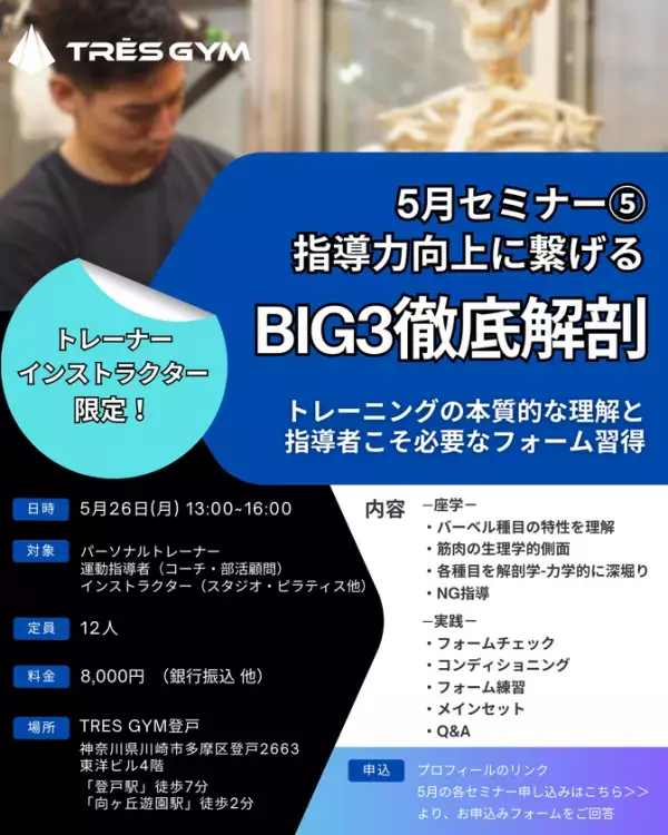BIG3・フリーウエイト専門のトレーニングジム【TRES GYM登戸】が25年6月新規オープン！クラウドファンディングで支援者募集中！