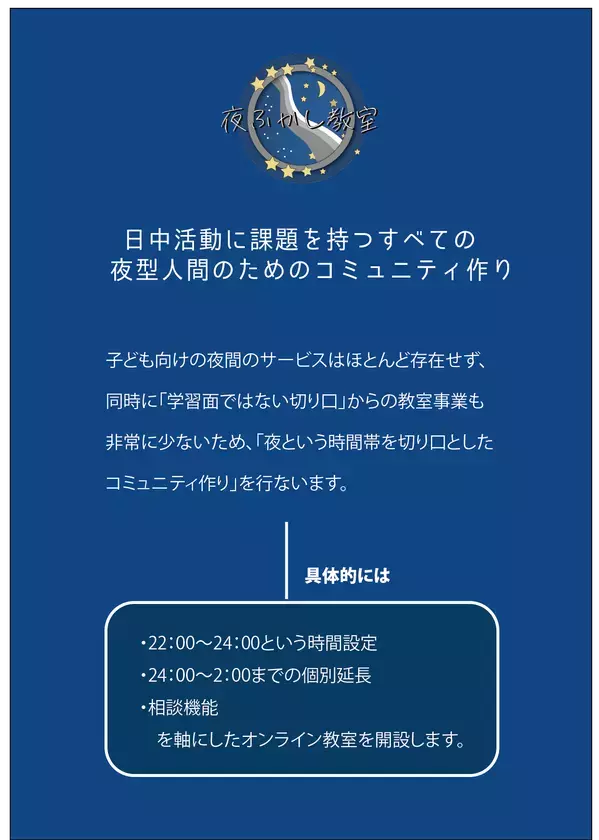 ＜夜型の若者に「夜の居場所」を＞22時から始まる“遅咲き”の学びを提供するオンライン教室「夜ふかし教室」のプロジェクトを「For Good」にて開始