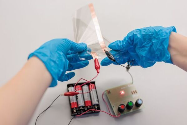 折り曲げても通電する透明導電膜技術、8月21日・22日に大学見本市で公開
