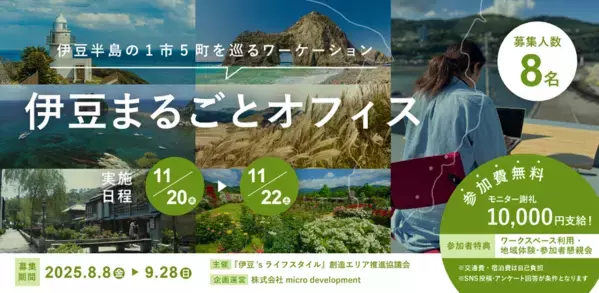 伊豆半島1市5町の雄大な自然を周遊する2泊3日のワーケーションモニターツアーを開催　参加者8名を募集