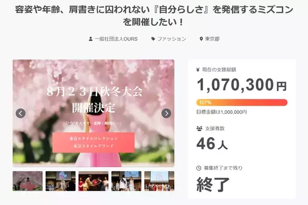 全ての女性を輝かせるミズコン『東京スタイルアワード』が、クラファン支援総額100万円を達成！