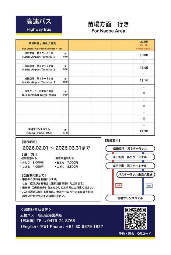 五稜バスが成田空港より苗場プリンスホテル行きの高速路線バスを2/1から運行開始へ