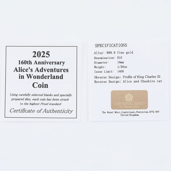 世界限定1,400枚　『不思議の国のアリス』純金コインがペンダントトップに！