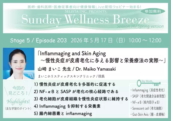 《医師・歯科医師・薬剤師向け》無料オンラインセミナー5/17(日)朝10時開催『Inflammaging and Skin Aging～慢性炎症が皮膚老化に与える影響と栄養療法の実際～』山崎まいこ先生(まいこホリスティックスキンクリニック／院長)
