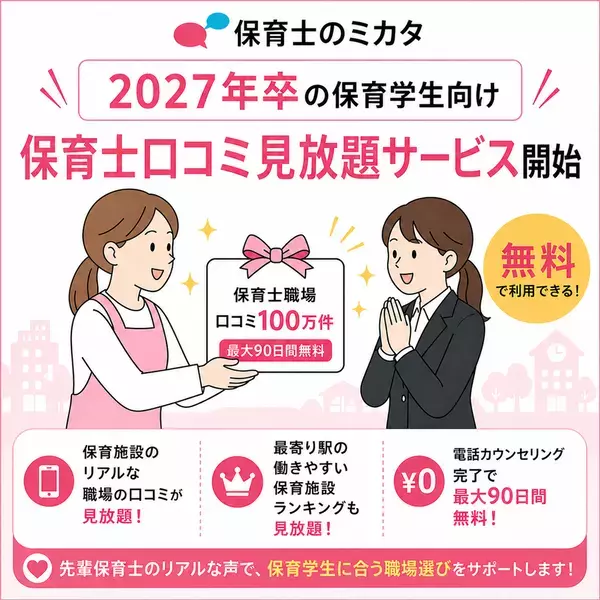 保育士不足が課題の中、保育学生向けの口コミ情報提供を強化！国内最大級※・口コミ掲載数100万件の保育士職場口コミサイト「保育士のミカタ」、最大90日間の口コミ見放題サービスを無料提供開始