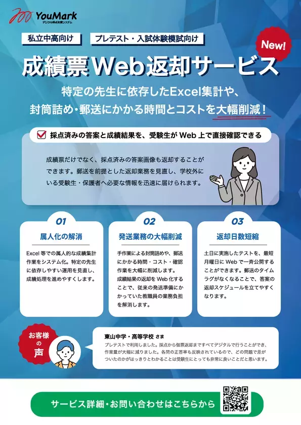株式会社佑人社、私立中高のプレテスト・入試体験模試向け「成績票Web返却サービス」の提供開始