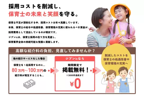 高騰する採用コスト削減を支援　保育士専門求人サービス「ジブンic」が掲載料無料キャンペーンを開始