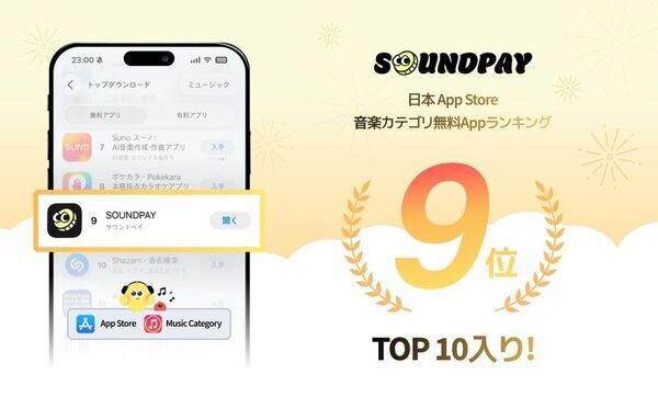 音楽リワードアプリ「SOUNDPAY」、日本App Store「ミュージック」無料アプリランキングTOP10入り