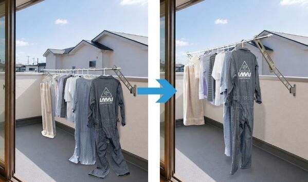長い洗濯物や壁際の干しにくさに対応　後付け物干し延長具「サオ・アップ ロング LB40」を7/22発売