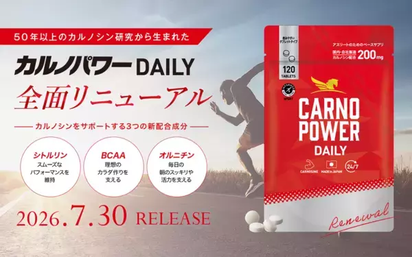 スポーツサプリメント『カルノパワーDAILY』全面リニューアル！主成分のカルノシンをサポートする新成分 BCAA・シトルリン・オルニチンを配合し、7月30日発売