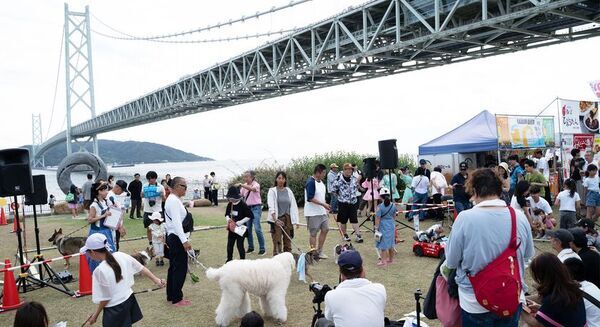 明石海峡大橋を背景に愛犬とランウェイ　神戸・舞子公園で初のドッグファッションショー9月開催
