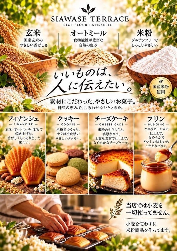 手作りフィナンシェ専門店「幸せのパンケーキ　スイーツテラス」米粉スイーツへリニューアル　人気のフィナンシェが小麦粉から米粉に。6種のジェラート×5種のドリンク×3種のフィナンシェから自由に選べる新商品「ジェラドリ」も新発売!!