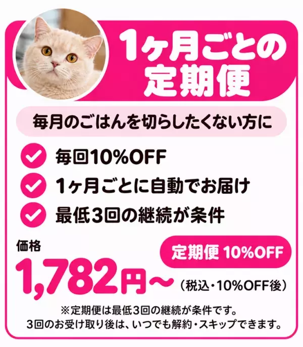 わんわんわんこ、お客さまのご要望にお応えして、商品を大幅刷新　猫用フード・日用品の定期便「にゃんにゃんデリバリーフーズ」お悩み別の13セットに再編、お届け頻度も選べるように