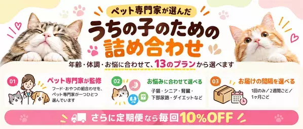わんわんわんこ、お客さまのご要望にお応えして、商品を大幅刷新　猫用フード・日用品の定期便「にゃんにゃんデリバリーフーズ」お悩み別の13セットに再編、お届け頻度も選べるように