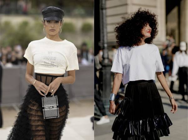 Tシャツは、スカート合わせで断然おしゃれにキマる。シンプルTをモードに、大人っぽく着こなすテクニック #01