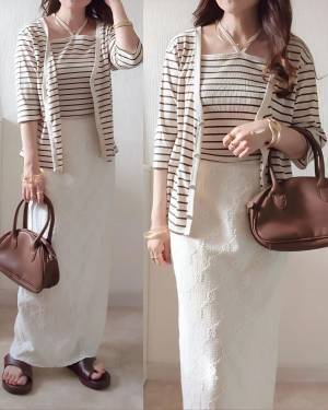 結局【しまむら】って最高♡ キレイめさんにも相性◎「キャミ付きボーダーカーデ」