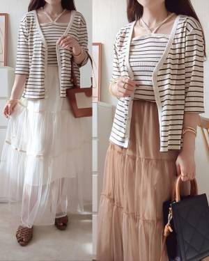 結局【しまむら】って最高♡ キレイめさんにも相性◎「キャミ付きボーダーカーデ」