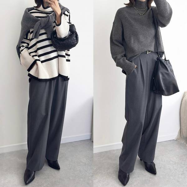 「やっぱりグレーが出番多かった」♡♡【ユニクロ】「年中使える」“タックワイドボトムス”コーデ紹介