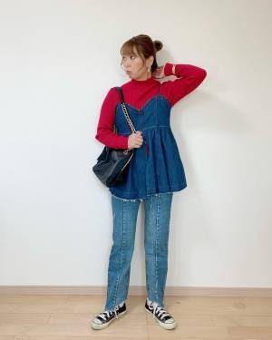 前からも後ろからも「可愛いんだなぁ」♡♡【しまむら】「ほんまに高見え」“デニムビスチェ”コーデ集