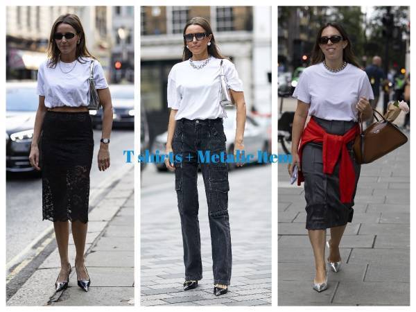 【ロンドンスナップ】メタリックを一点投入でグッとあか抜ける！ 今っぽTシャツコーデ３選