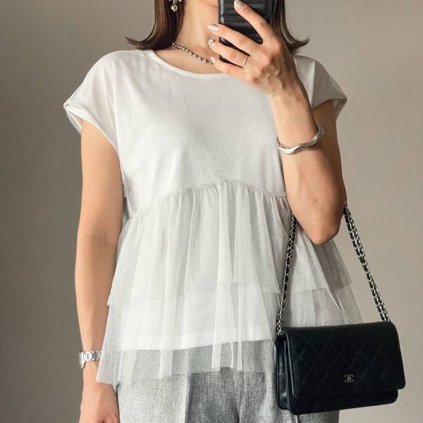 ほんのりラメ入り♡【しまむら】高見え間違いなしの「チュールドッキングトップス」