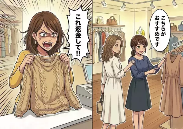 「クリーニングしたら服が縮んだから返金しろ！」平和な接客中にクレーマーが乱入⇒「これ…クリーニングしてませんよね？」先輩の指摘でさらに激怒させてしまい・・・