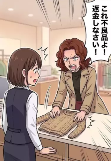 【カスハラ実話】「ドライクリーニングしたら服が縮んだ！返金しろ！」激怒したクレーマーが来店で大焦り！頼れる先輩が対応するも⇒「クリーニングしていませんよね」さらに怒らせる発言をして・・・