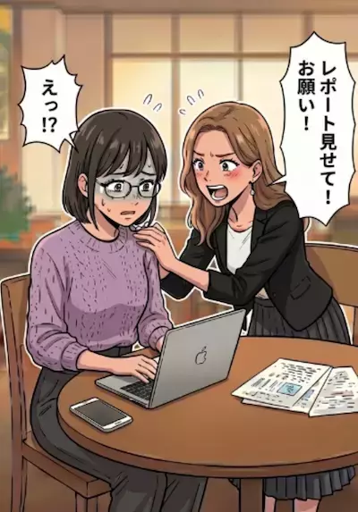 「私の代わりに出席票出しといて♪」「ノート見せてね！」授業をサボり続ける図々しい友人。要求はだんだんエスカレートしていき⇒「お願い！レポート写させて！」信じられない要求まで・・・